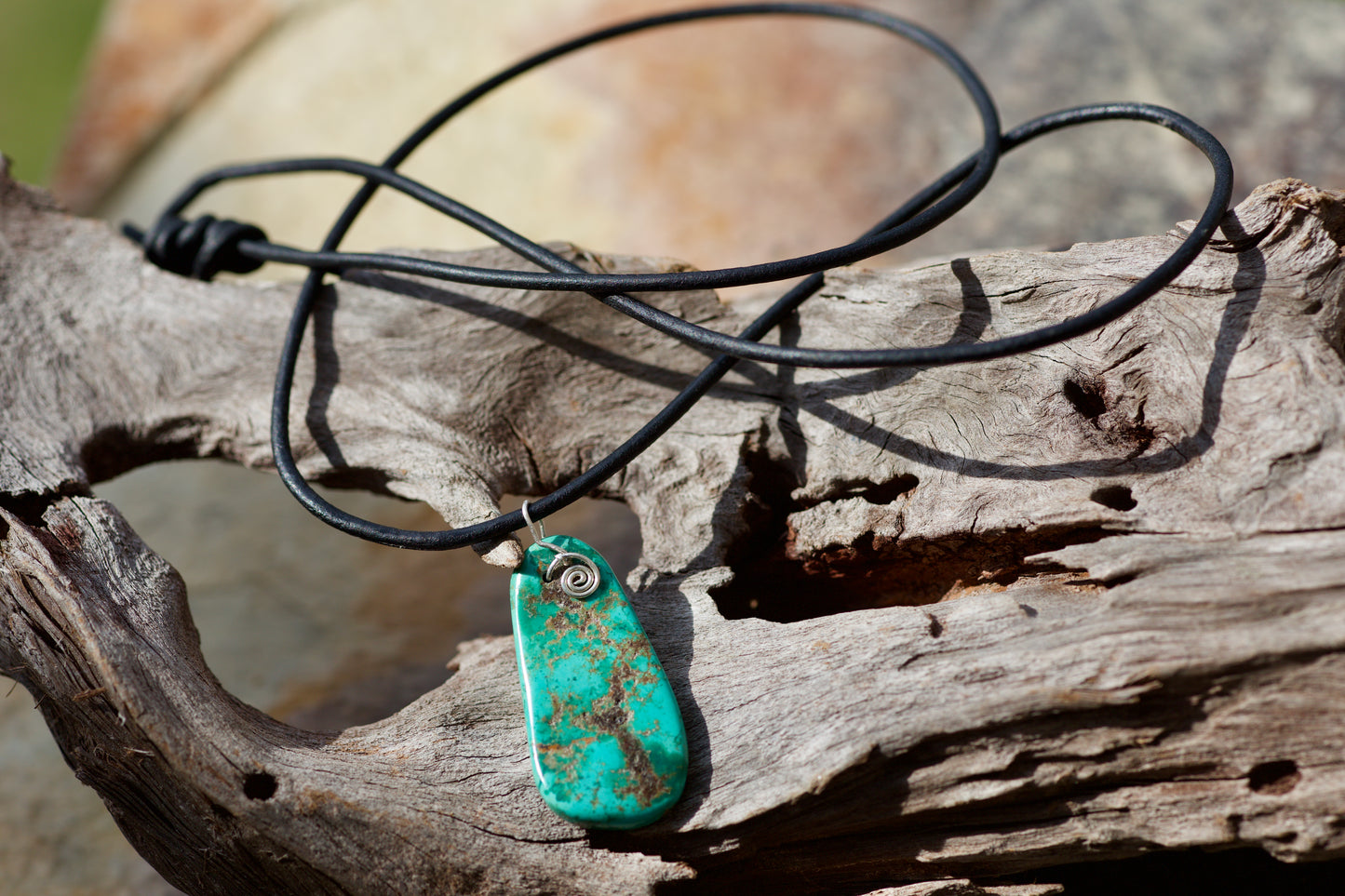Simple Turquoise and Sterling Silver Pendant on an Adjustable Leather Cord