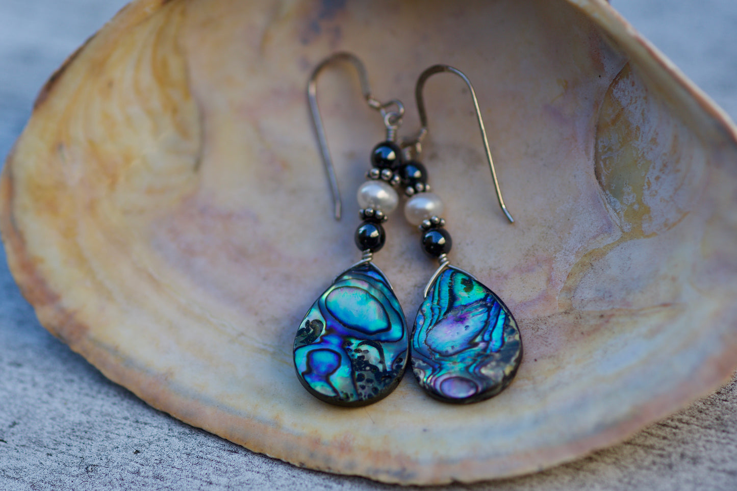 Hematite, Freshwater Pearl, Abalone, and Sterling Silver Earrings