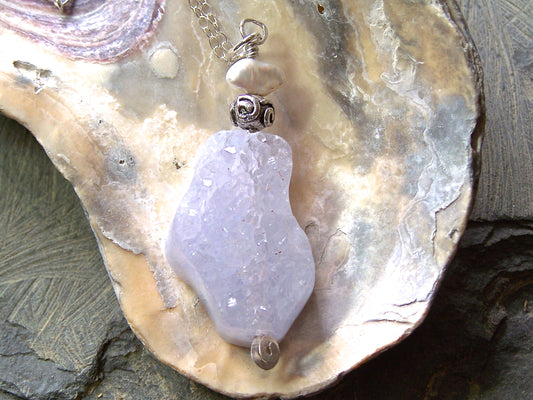 Sale! Drusy Blue Lace Agate, Freshwater Pearl, and Sterling Silver Pendant Necklace