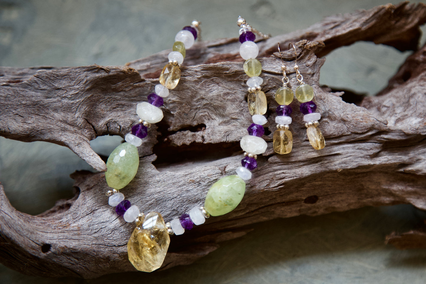 Citrine, Prehnite, Amethyst, Colorless Calcite, Rainbow Moonstone, Clear Quartz, and Sterling Silver Necklace and Earrings Set