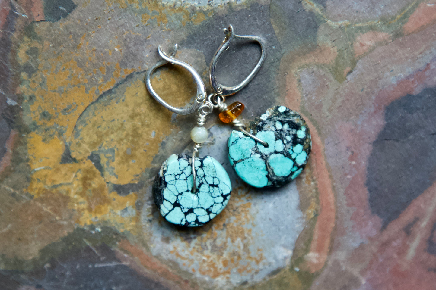 Turquoise and Multi-stone, Sterling Silver and Cotton Cord Necklace and Earring Set