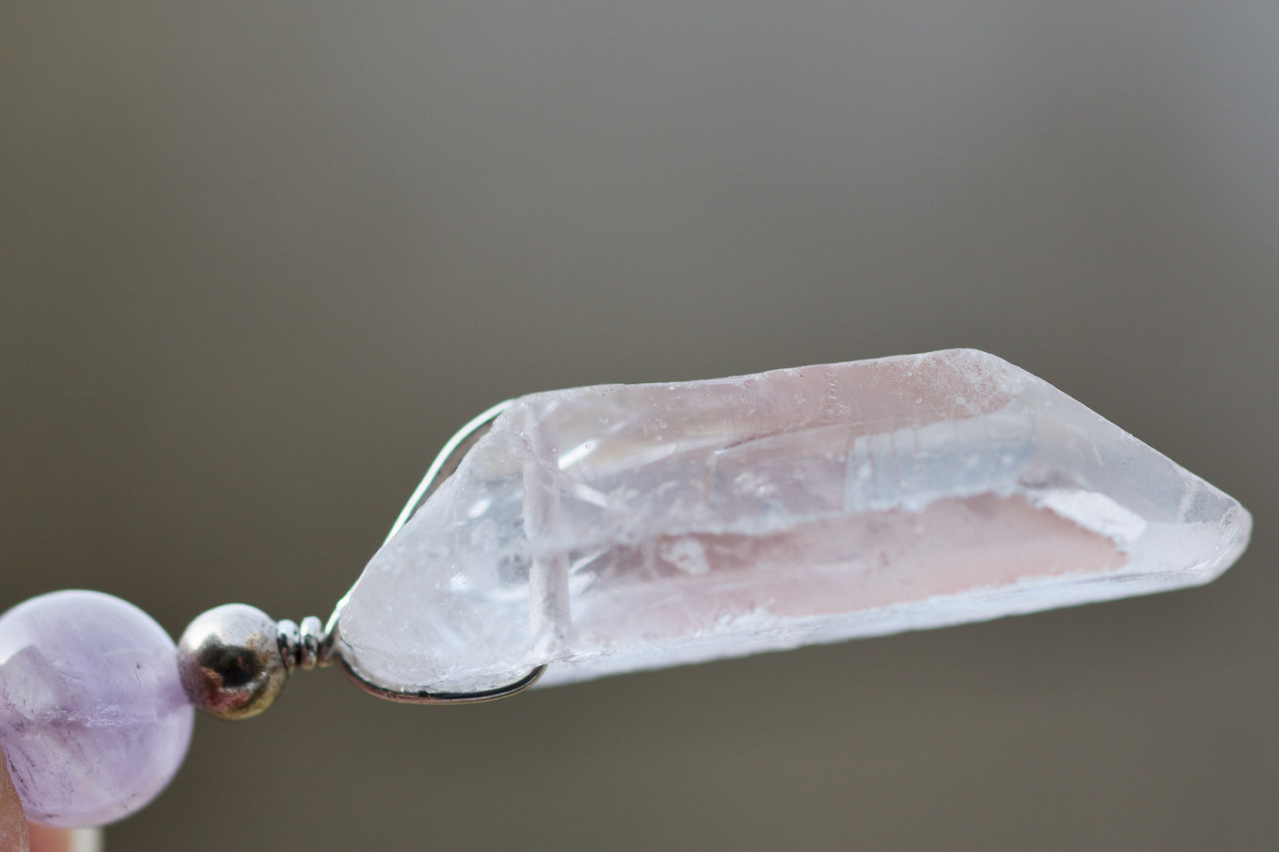 Clear Quartz Shovel Crystal with Pink Mineral Coating, Rainbow, and Future Time Link, Kunzite, and Sterling Silver Pendant Necklace