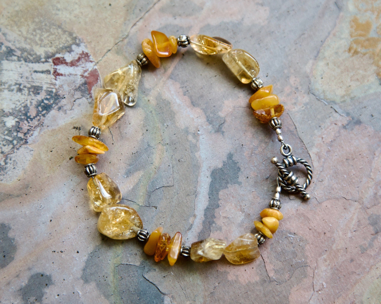 Citrine, Amber, and Sterling Silver Bracelet to fit a size 7.25" wrist