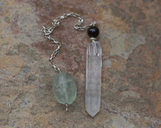 Green Fluorite, Blue Tiger Eye, Single Termination Clear Quartz Crystal, and Sterling Silver Double-sided Pendulum