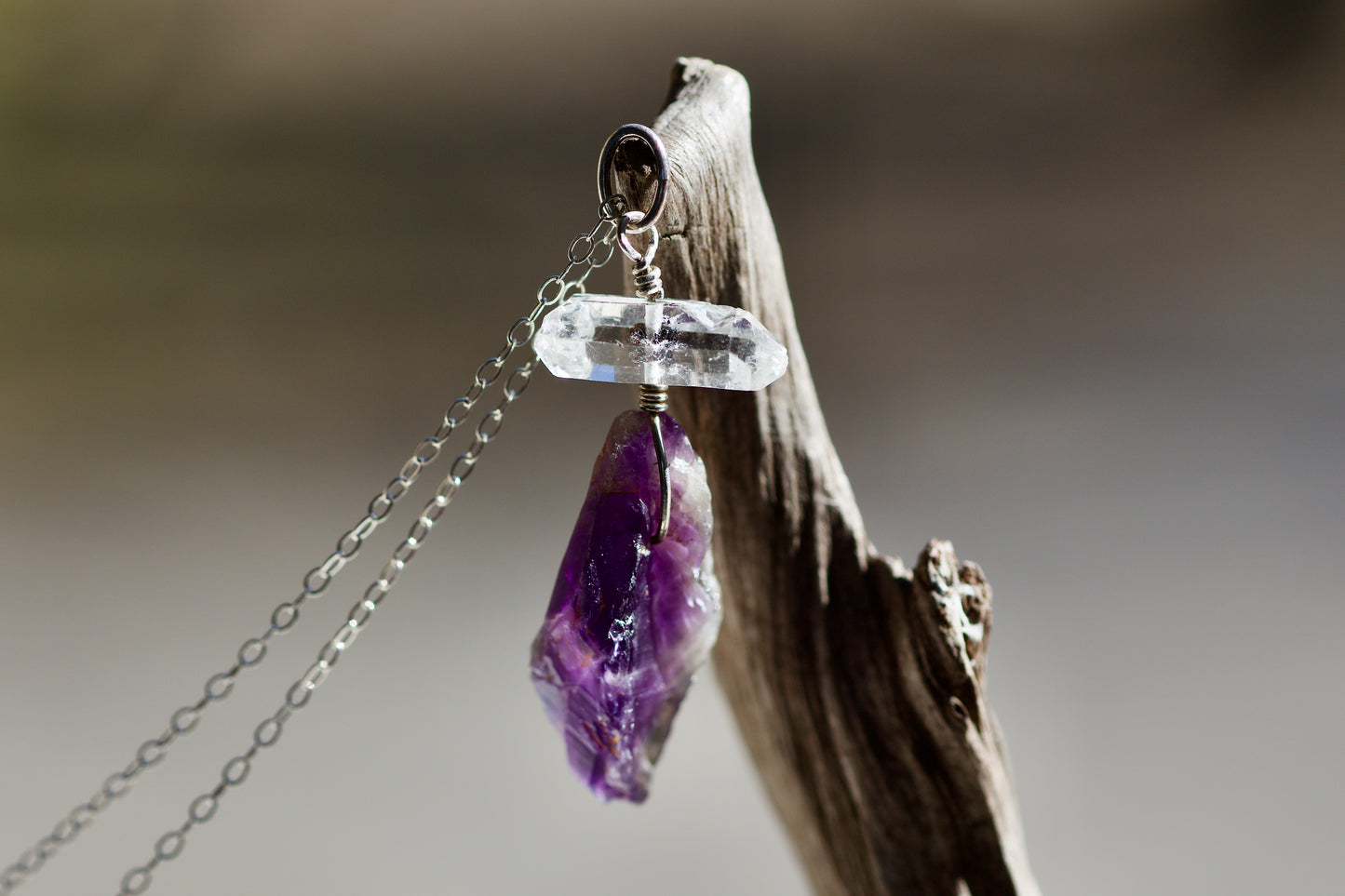 Double Termination Tibetan Clear Quartz Crystal with Black Mineral Inclusions, Raw Amethyst, and Sterling Silver Pendant Necklace