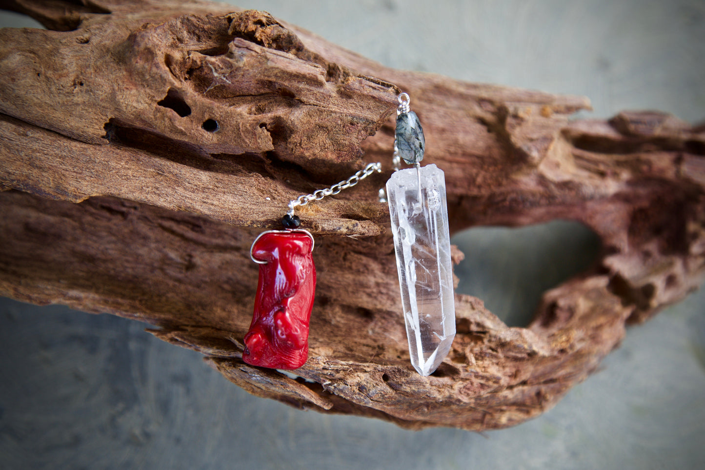 Red Coral, Onyx, Tourmalinated Quartz, Single Termination Clear Quartz Shovel Crystal, and Sterling Silver Double-sided Pendulum