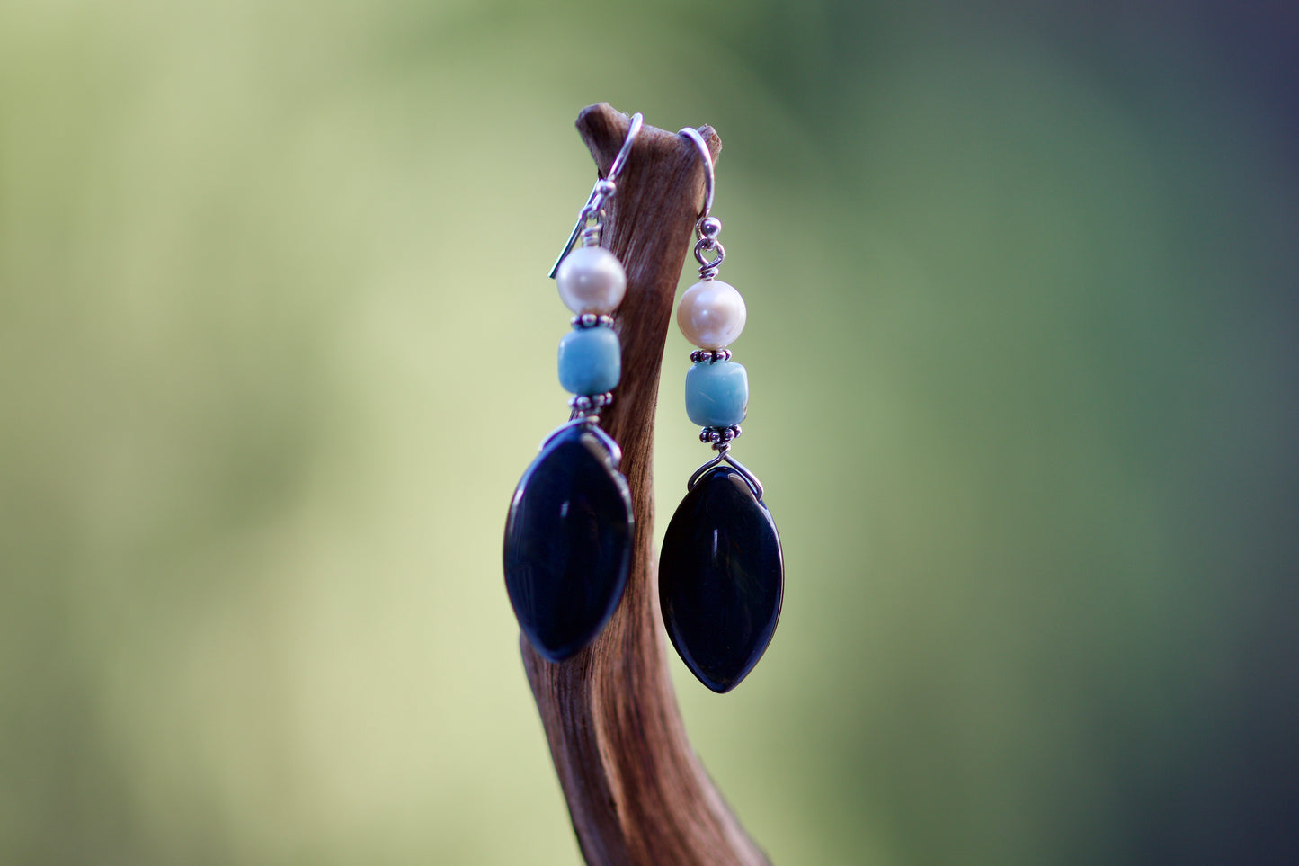 Hawk Eye (Blue Tiger Eye), Larimar, Freshwater Pearl, and Sterling Silver Earrings