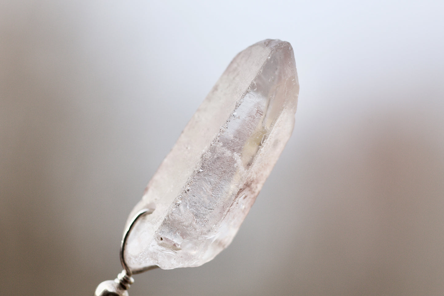 Clear Quartz Shovel Crystal with Pink Mineral Coating, Rainbow, and Future Time Link, Kunzite, and Sterling Silver Pendant Necklace