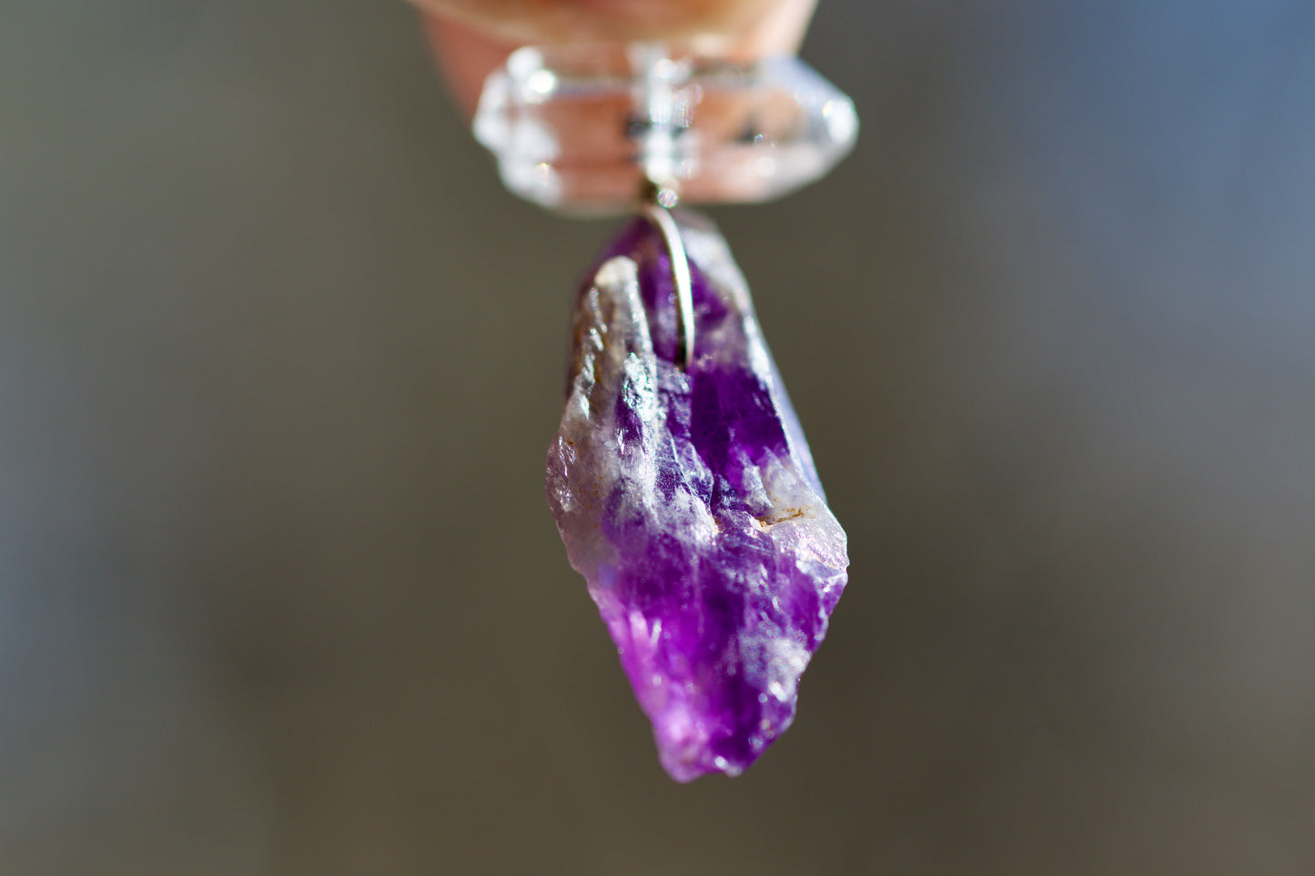 Double Termination Tibetan Clear Quartz Crystal with Black Mineral Inclusions, Raw Amethyst, and Sterling Silver Pendant Necklace