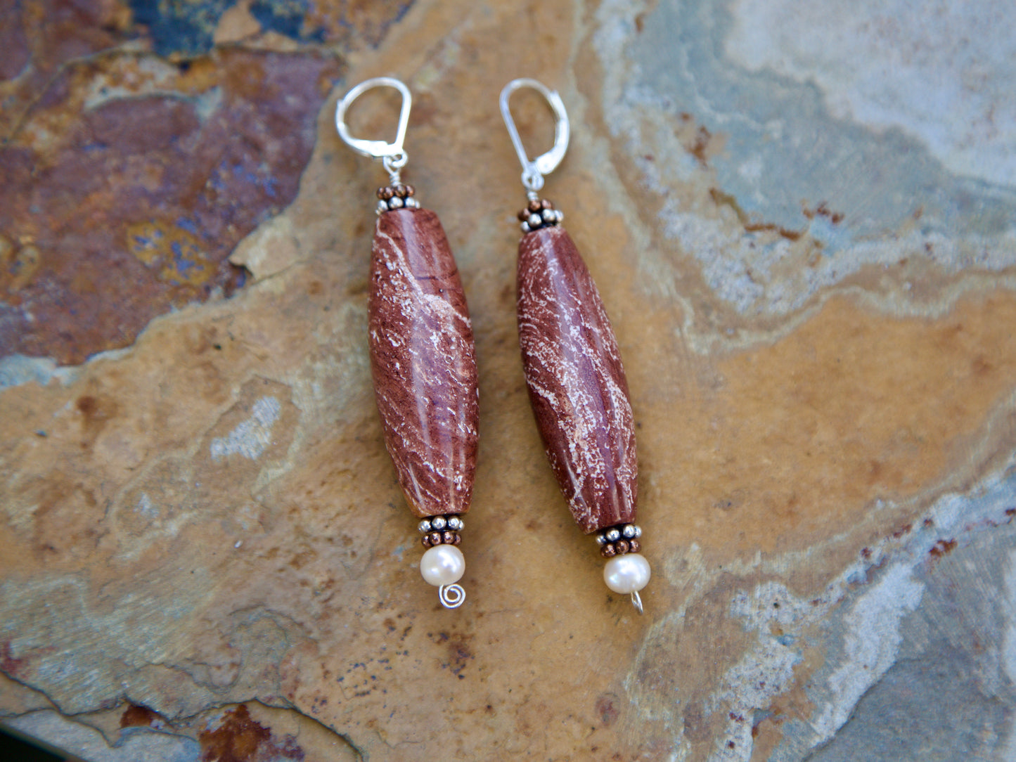 Red Jasper, Copper and Sterling Silver Lever Back Earrings