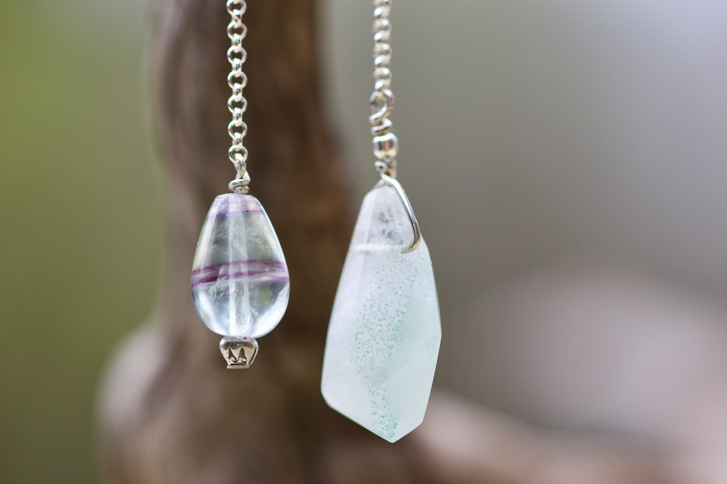 Fluorite, Green Phantom Quartz, Thai and Sterling Silver Double-sided Pendulum