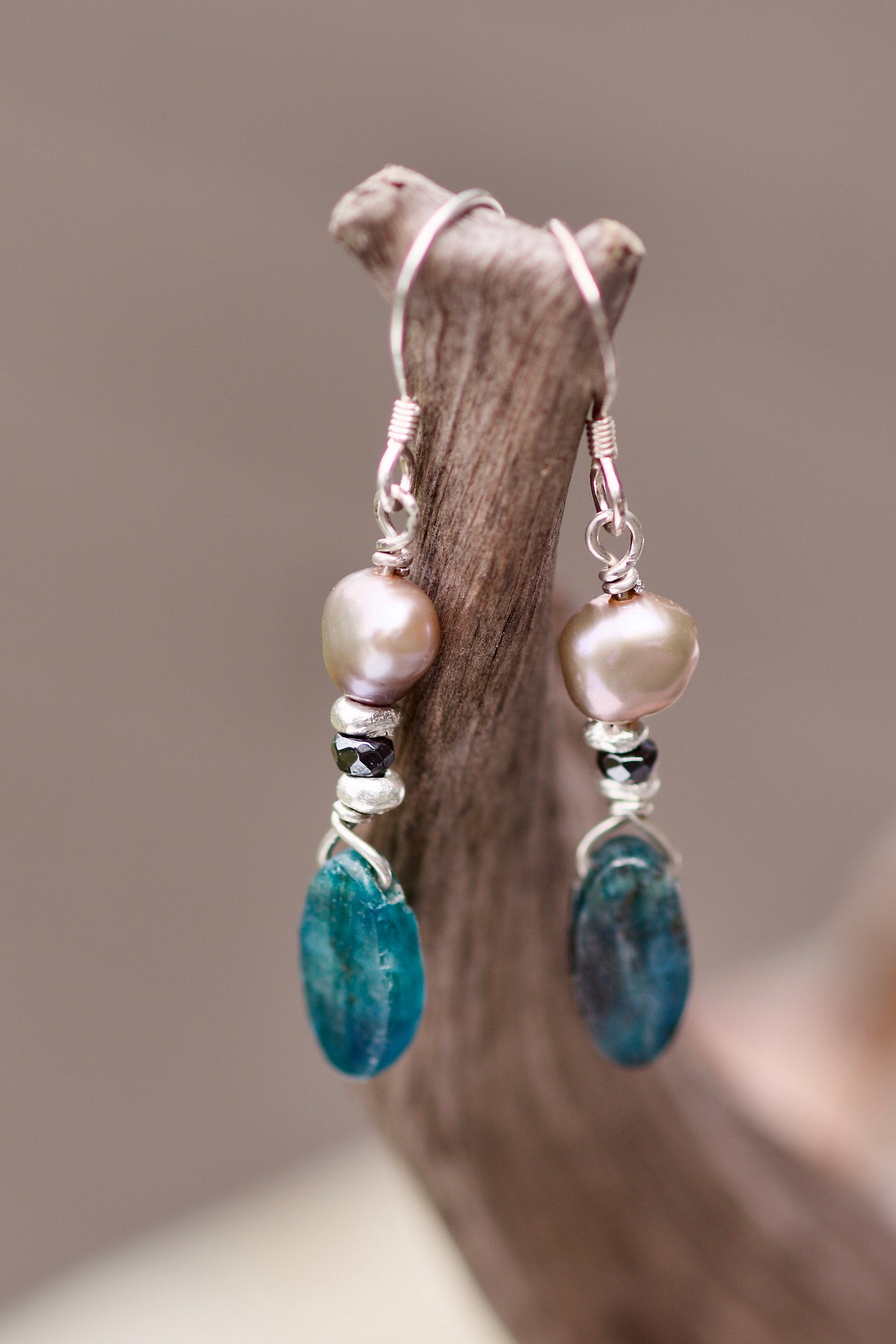 Lavender Freshwater Pearl, Hematite, Blue Apatite, and Sterling Silver Earrings