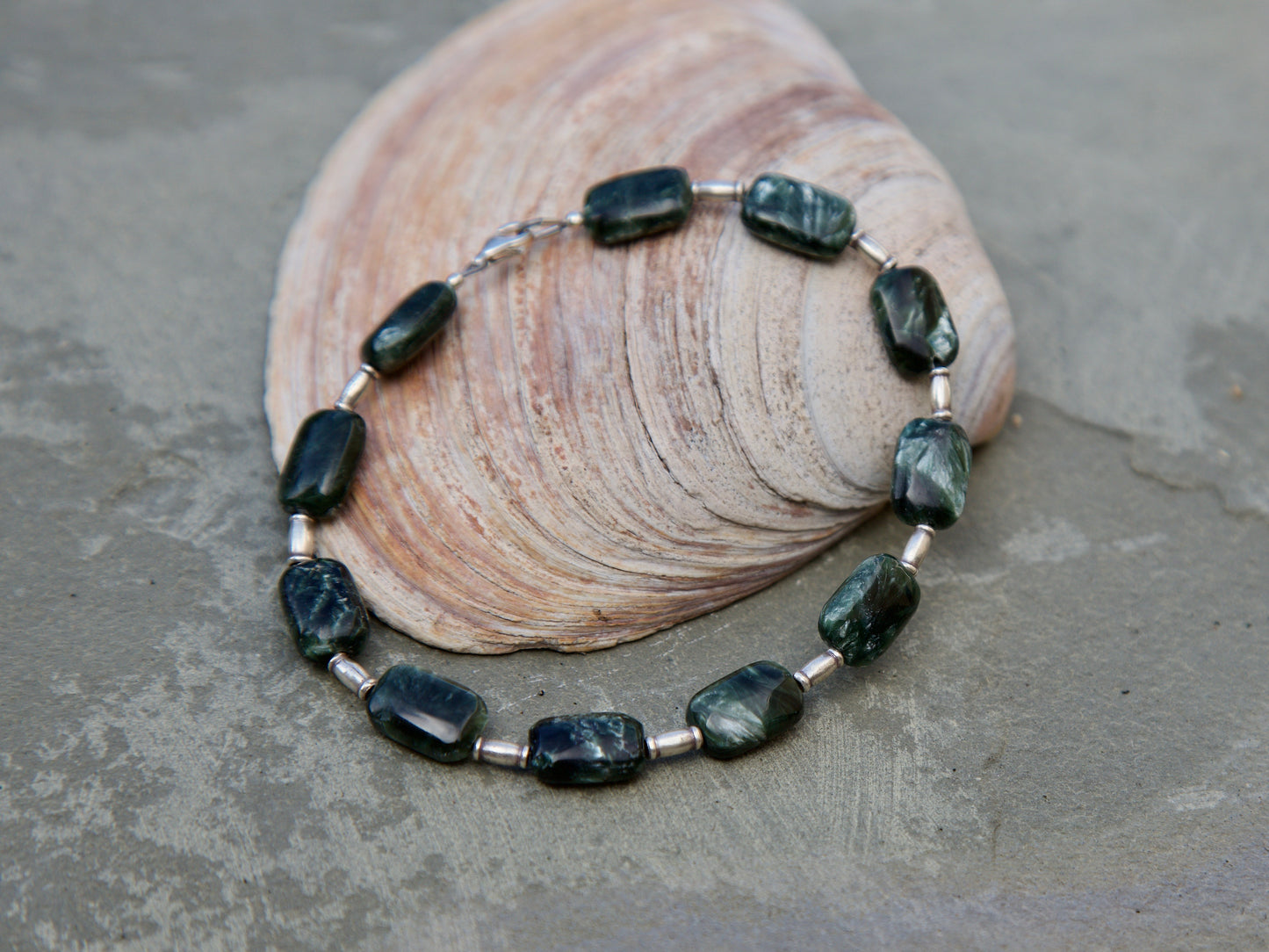 Seraphinite, Thai and Sterling Silver Bracelet to fit a 7.25 inch wrist