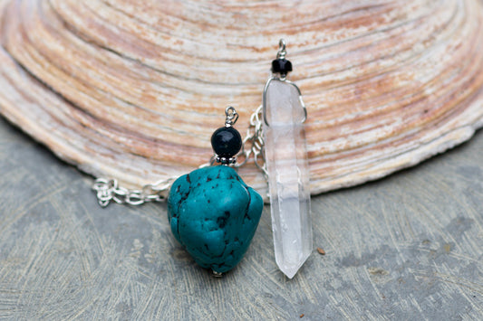 Jasper, Turquoise, Obsidian, Clear Quartz Channeling Crystal Point, and Sterling Silver Double-sided Pendulum