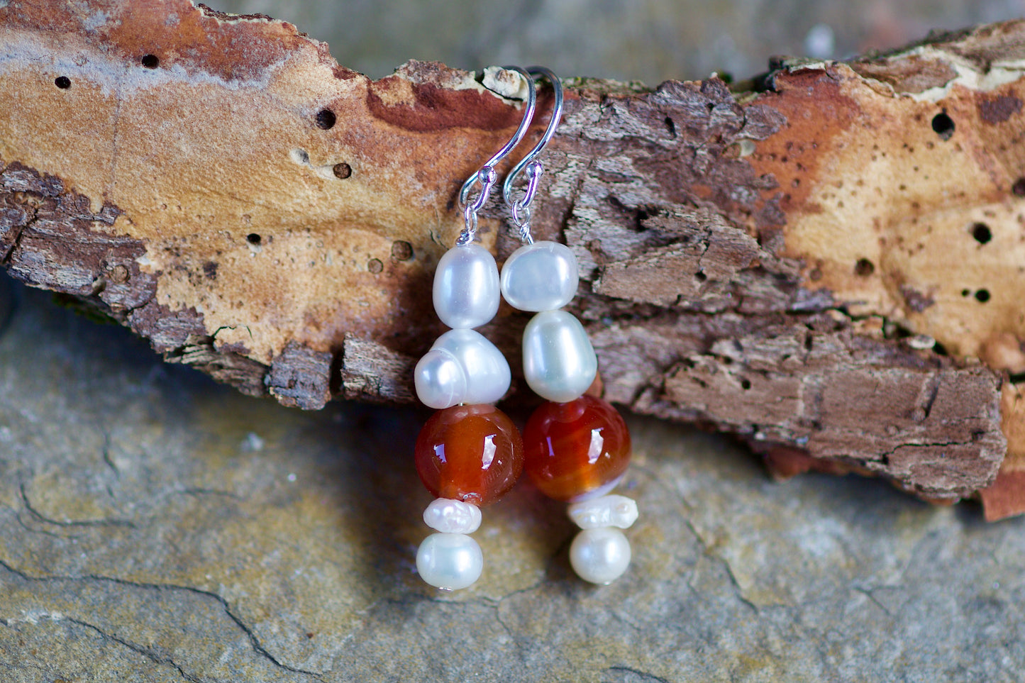 Freshwater Pearl, Carnelian, and Sterling Silver Earrings