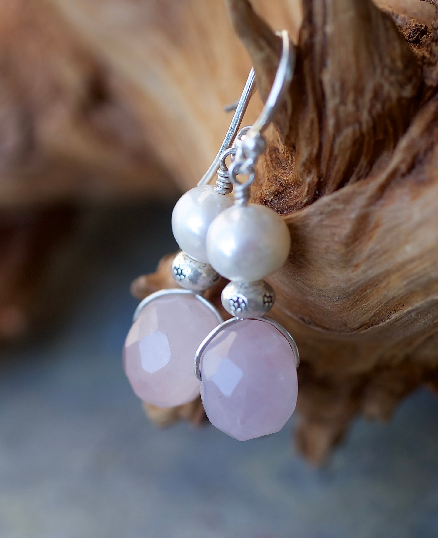 Freshwater Pearl, Rose Quartz, Thai and Sterling Silver Earrings