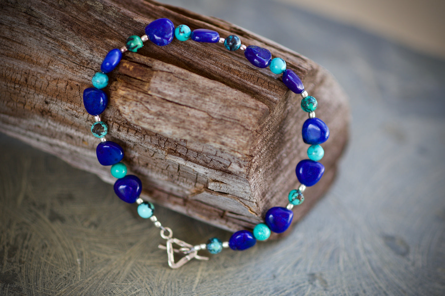 Lapis Lazuli, Turquoise, and Sterling Silver Bracelet to fit a 7.25 inch wrist