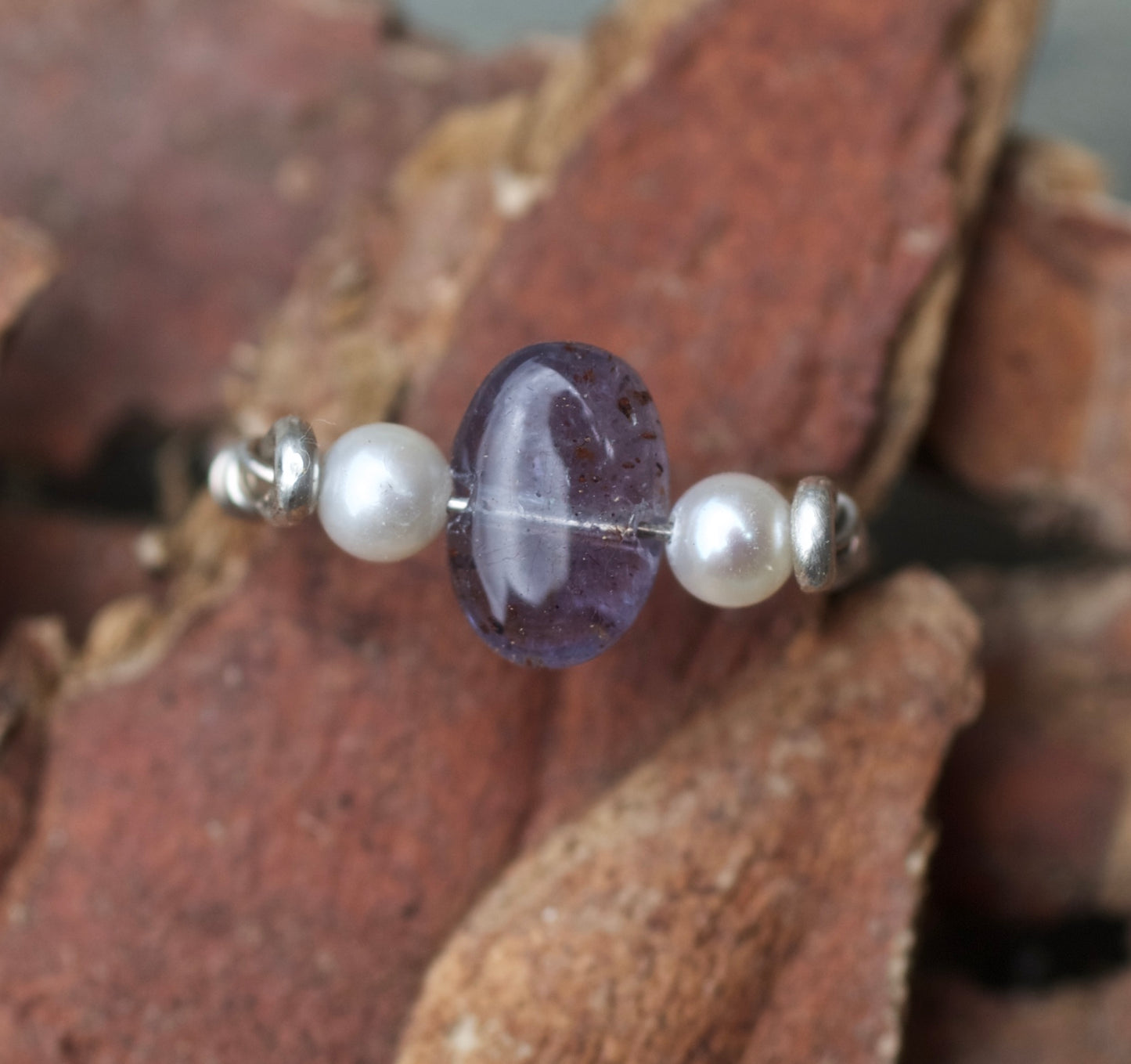 Iolite, Freshwater Pearl, and Sterling Silver Ring, size 8