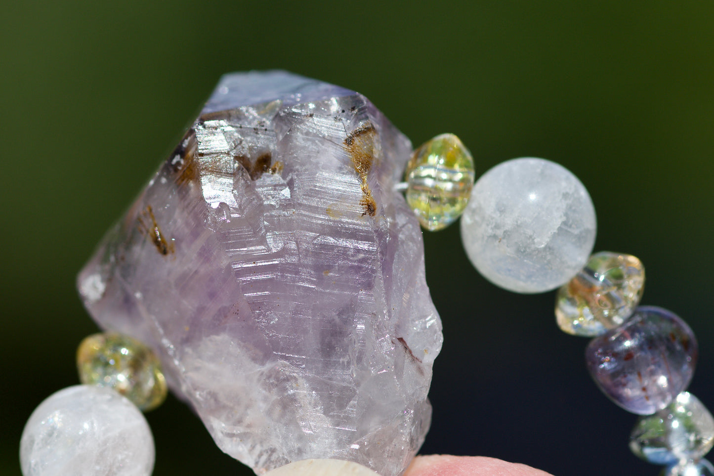 Amethyst Crystal Point with Inclusions, Clear Quartz, Milky Quartz, Iolite, and Sterling Silver Necklace