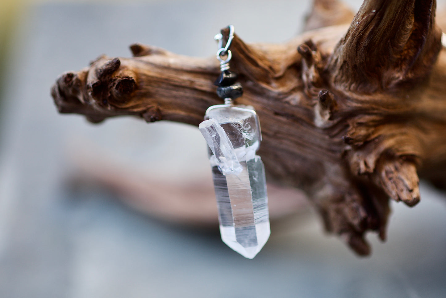 Black Coral, Pyrite, Clear Quartz Penetrator Crystal Point, and Sterling Silver Pendant Necklace