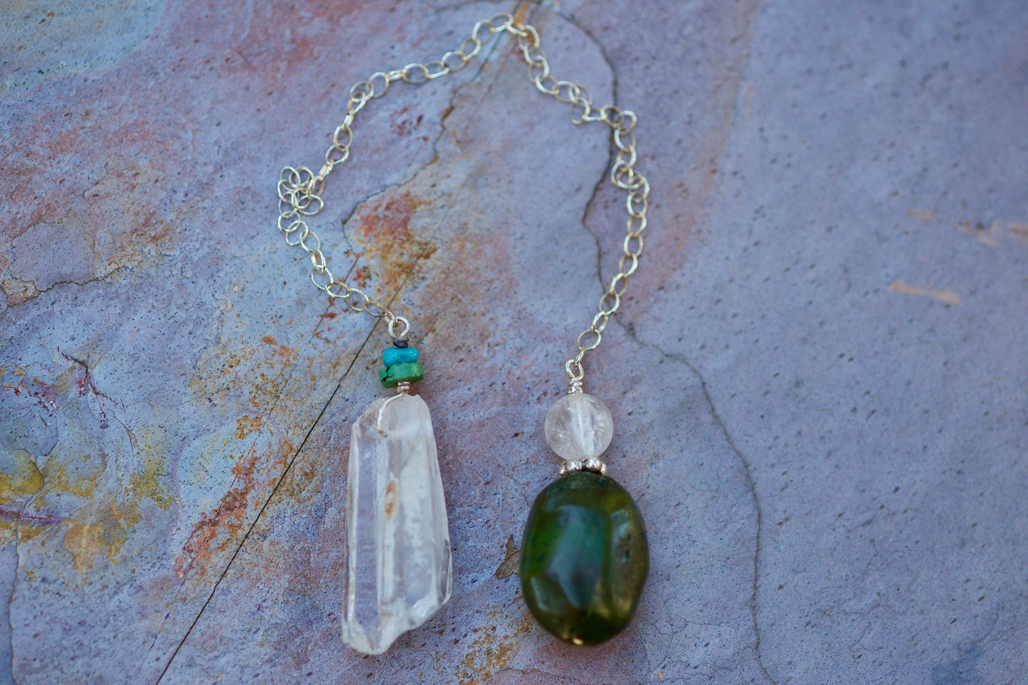 Turquoise, Twin Quartz Warior Crystal with Growth Interference and Mineral Coating, and Sterling Silver Double-sided Pendulum
