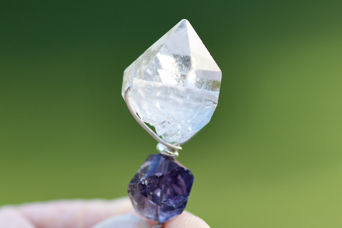 Double Termination Tibetan Quartz Crystal, Iolite, Thai and Sterling Silver Pendant Necklace