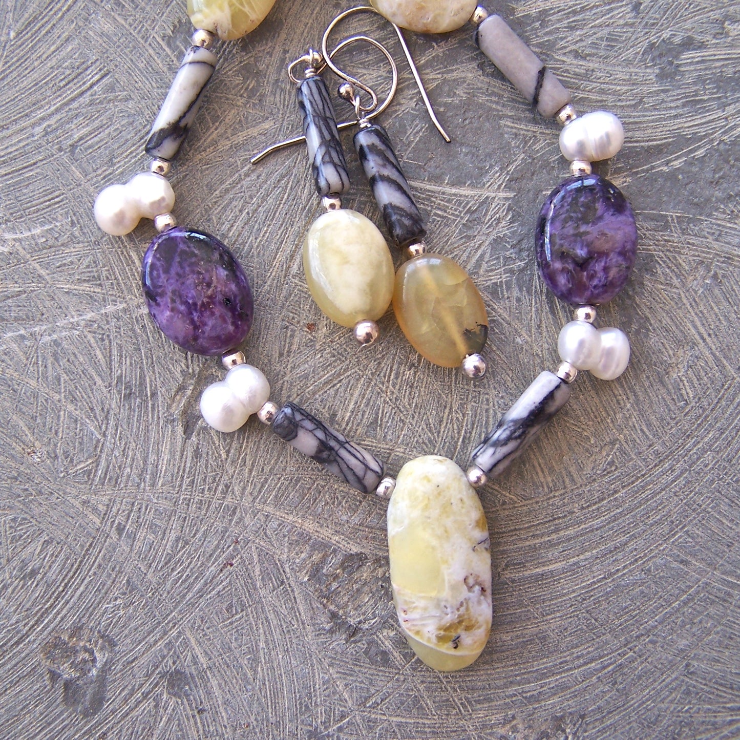 Yellow Opal, Black Webbed Jasper, Sugilite, Freshwater Pearl, Bali and Sterling Silver Necklace and Coordinating Earrings Set