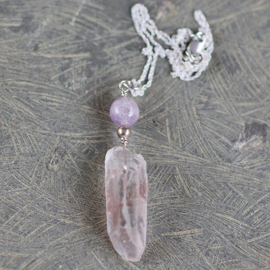 Clear Quartz Shovel Crystal with Pink Mineral Coating, Rainbow, and Future Time Link, Kunzite, and Sterling Silver Pendant Necklace