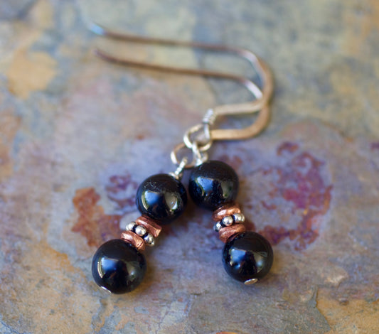 Black Onyx, Copper, and Sterling Silver Earrings