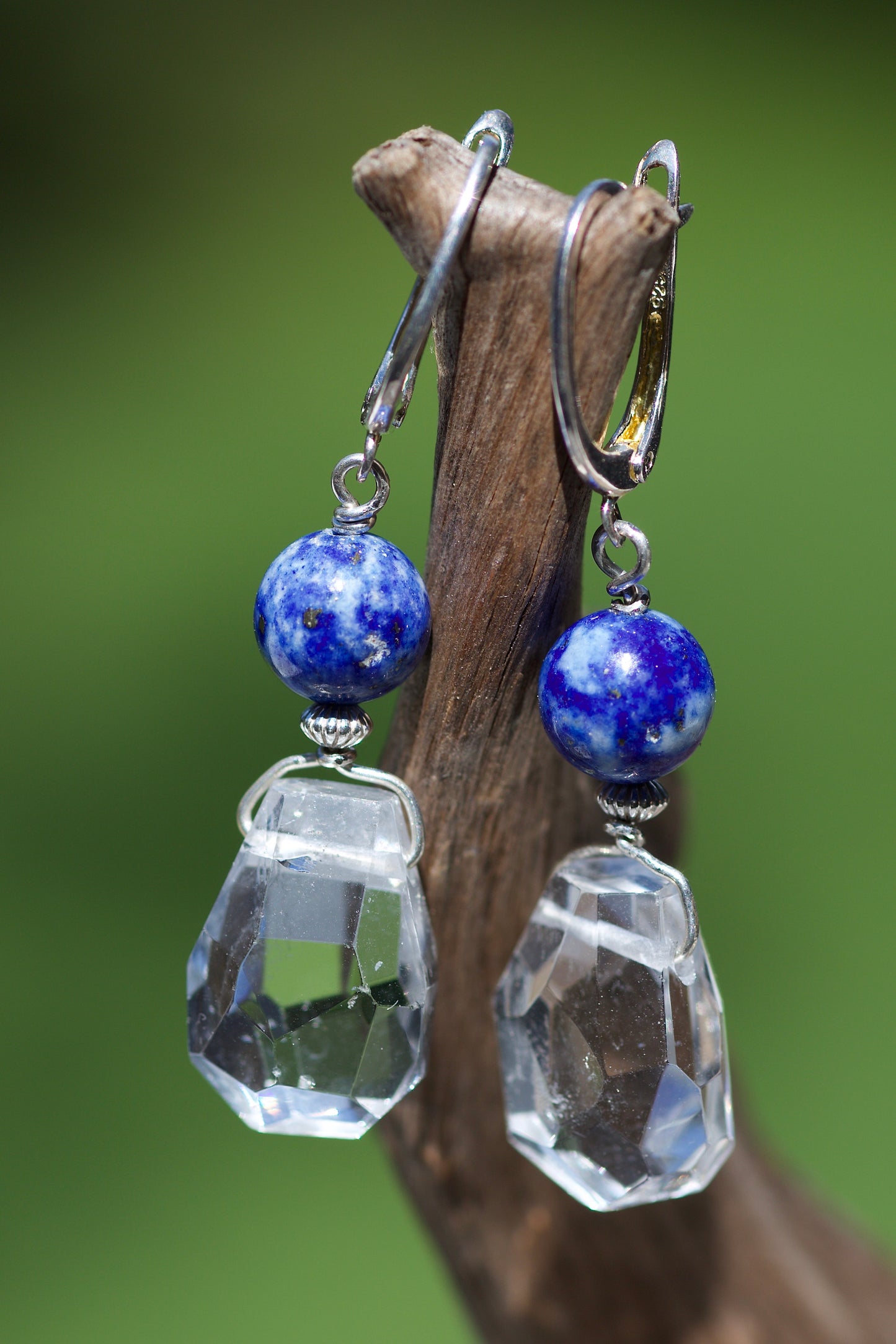 Lapis Lazuli, Faceted Clear Quartz, and Sterling Silver Earrings