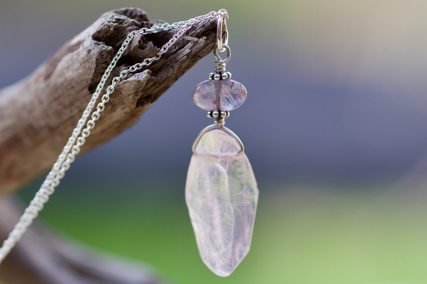 Iolite, Rose Quartz, and Sterling Silver Pendant Necklace