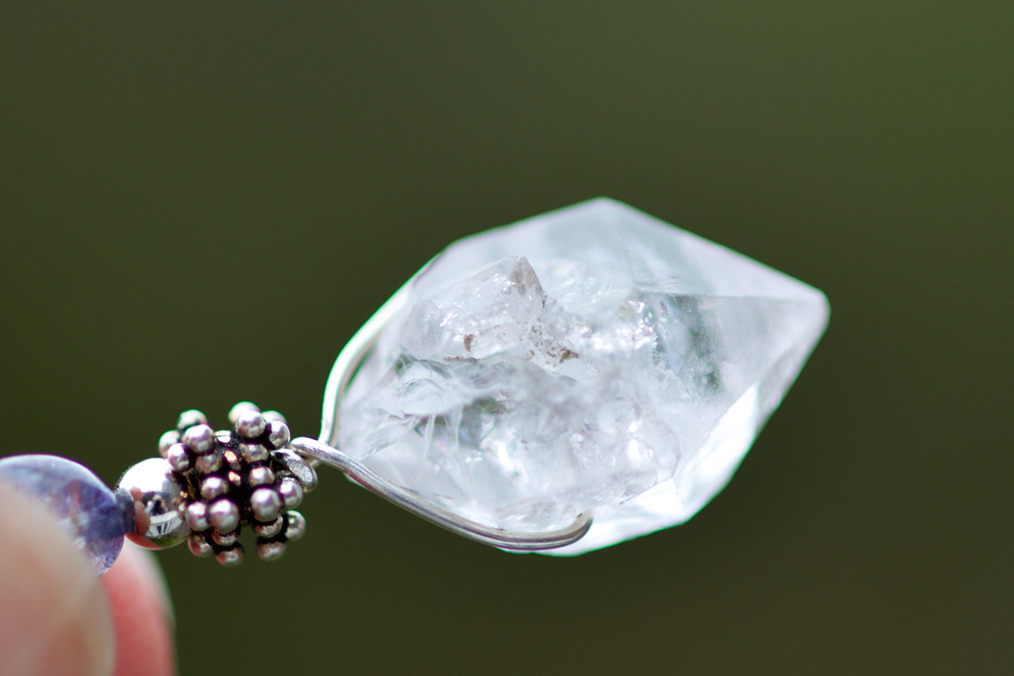 DT Tibetan Clear Quartz Bridge Crystal, Iolite, and Sterling Silver Pendant Necklace