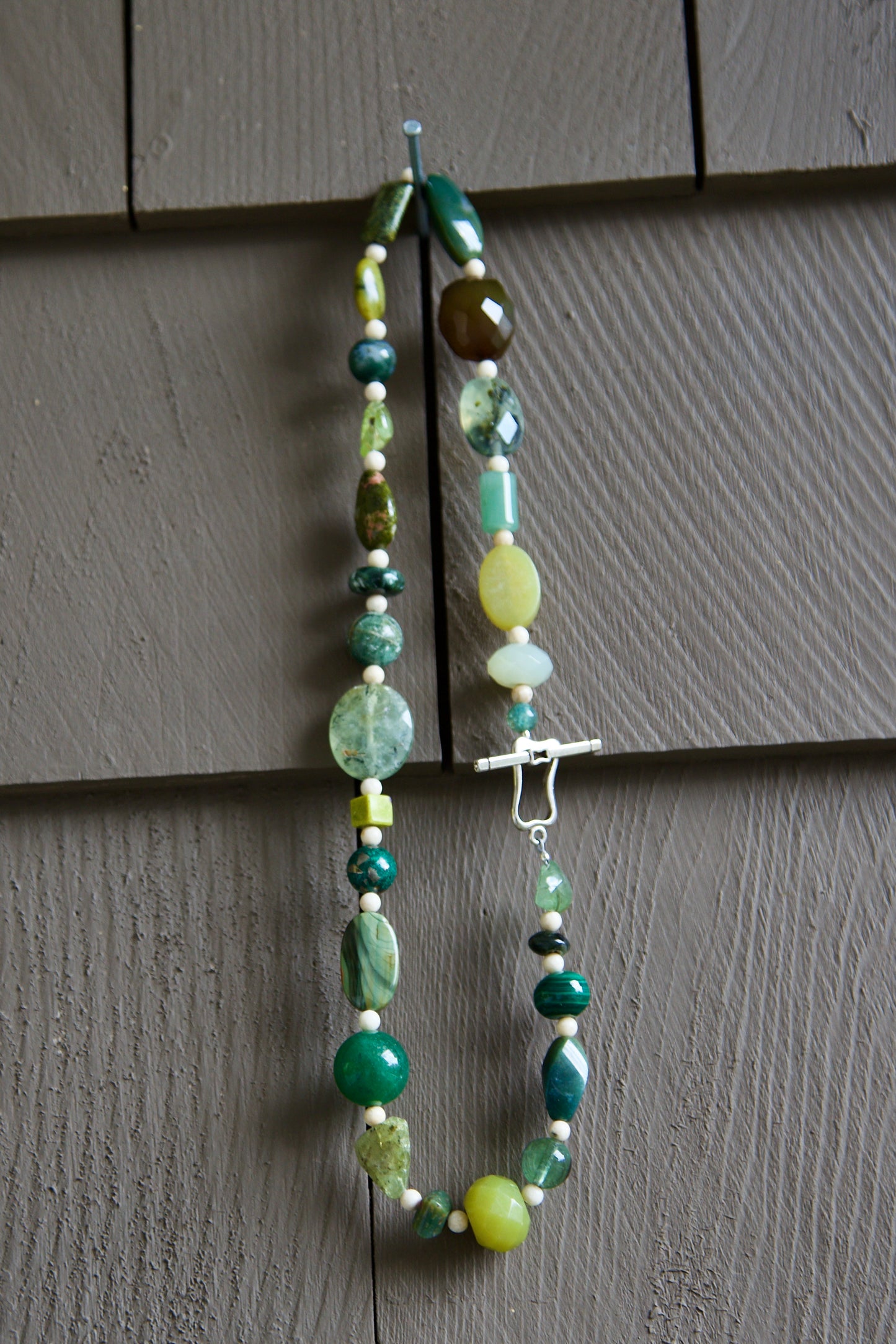 Green Stones, Bone, and Sterling Silver Necklace