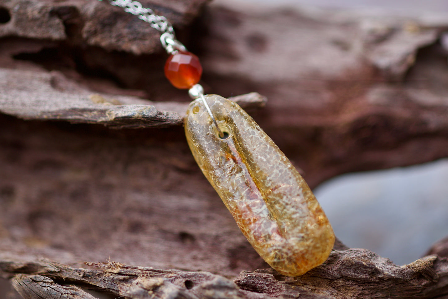 Amber, Carnelian, and Sterling Silver Pendant Necklace