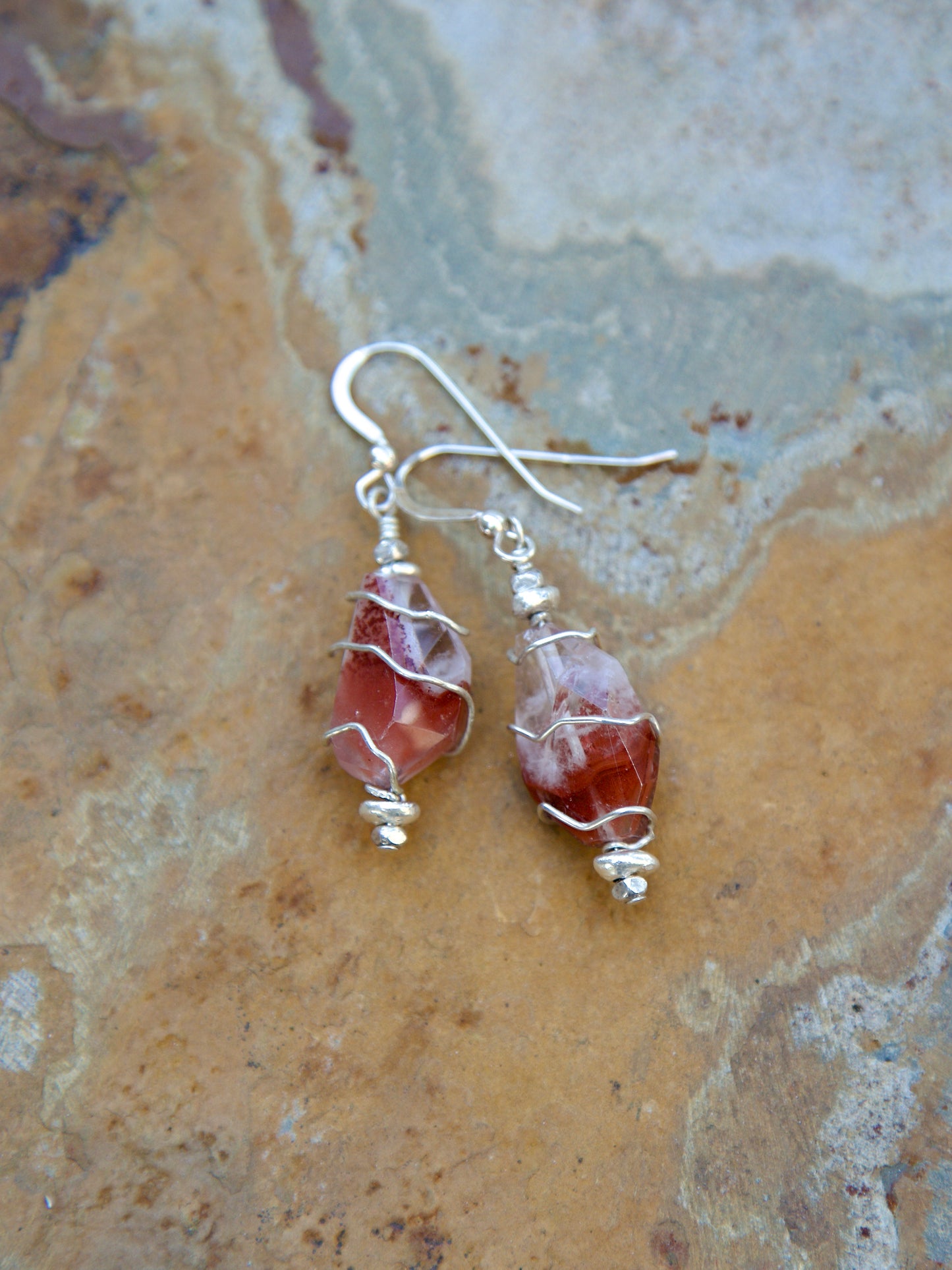 Red Phantom Quartz, Thai and Sterling Silver Earrings