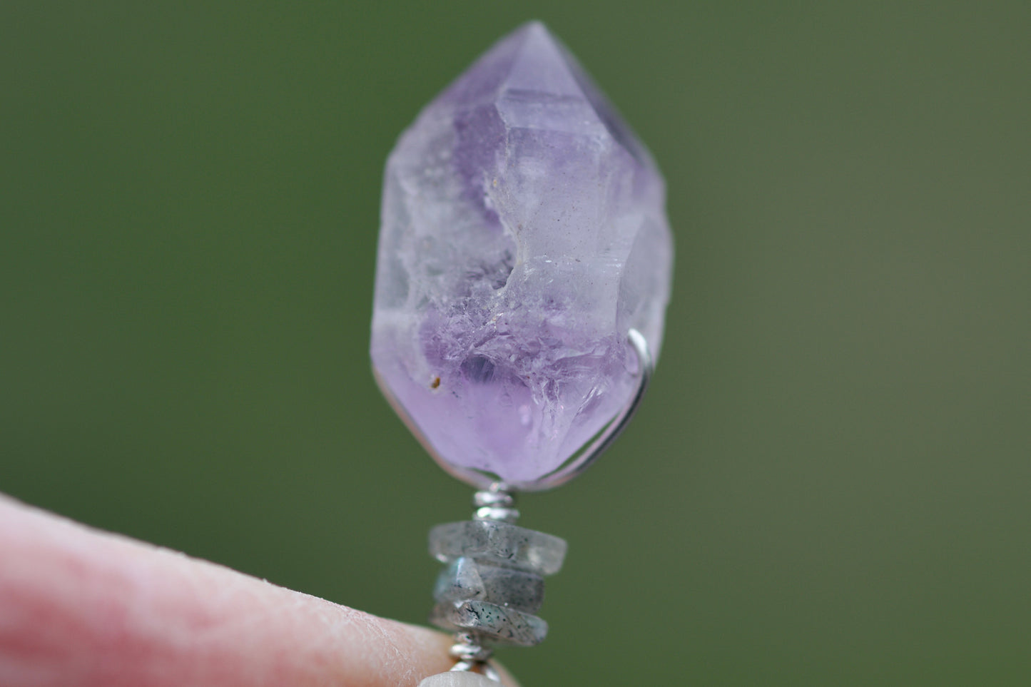 Double Termination Amethyst Crystal, Labradorite, and Sterling Silver Pendant Necklace