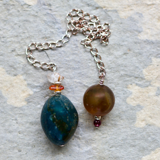 Rutilated Quartz, Amber, Bloodstone, Yellow Opal, Garnet, and Sterling Silver Double-sided Pendulum