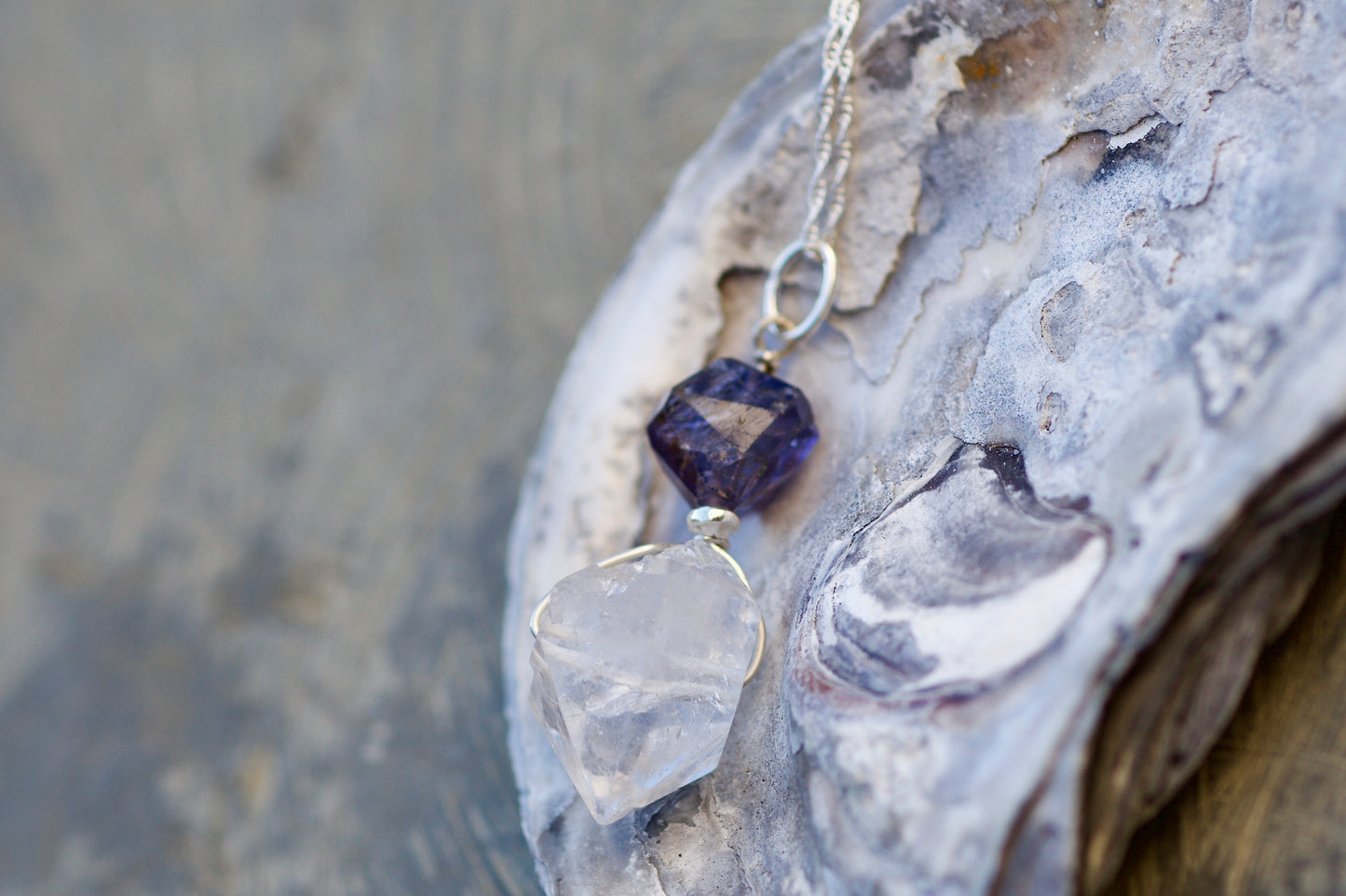 Double Termination Tibetan Quartz Crystal, Iolite, Thai and Sterling Silver Pendant Necklace