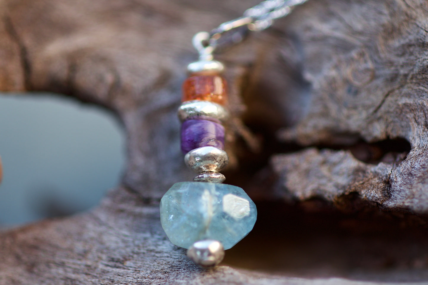 Sunstone, Charoite, Aquamarine, Thai and Sterling Silver Pendant Necklace