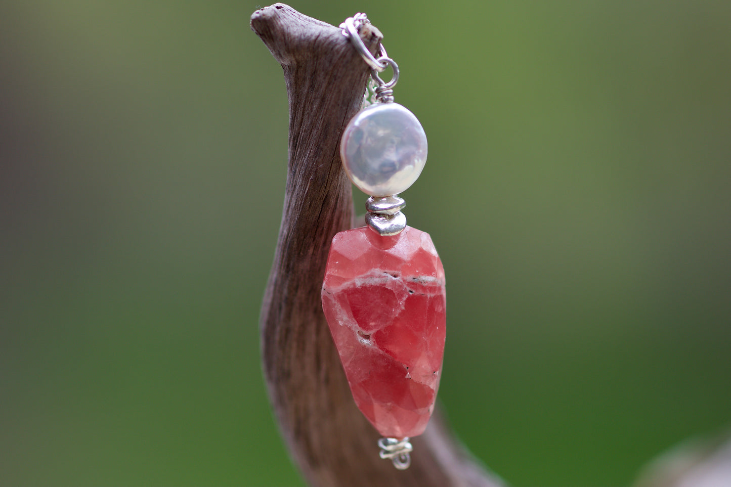 Coin Pearl, Rhodochrosite, Thai and Sterling Silver Pendant Necklace