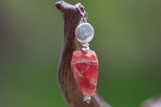 Coin Pearl, Rhodochrosite, Thai and Sterling Silver Pendant Necklace