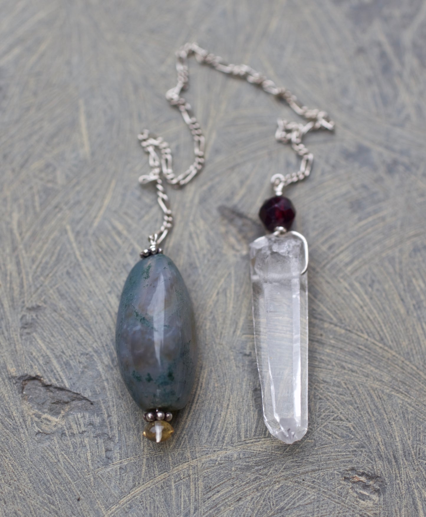 Moss Agate, Citrine, Garnet, Clear Quartz Crystal, and Sterling Silver Double-sided Pendulum