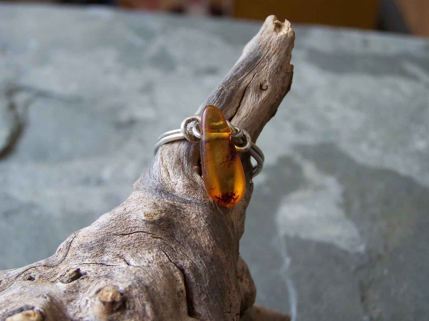 Amber and Sterling Silver Wire Ring, size 7.5