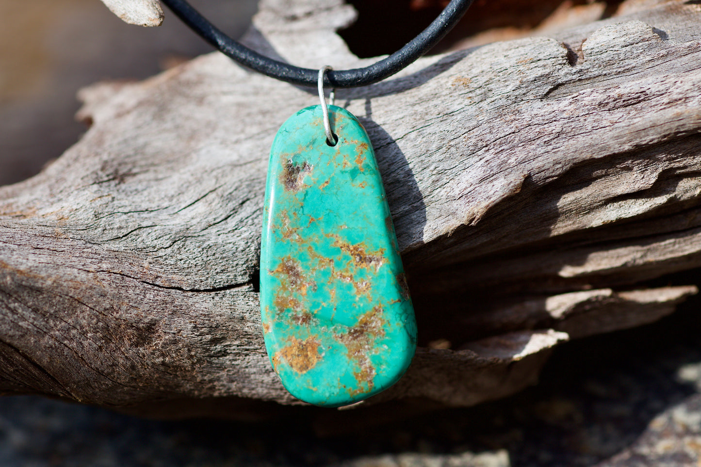 Simple Turquoise and Sterling Silver Pendant on an Adjustable Leather Cord