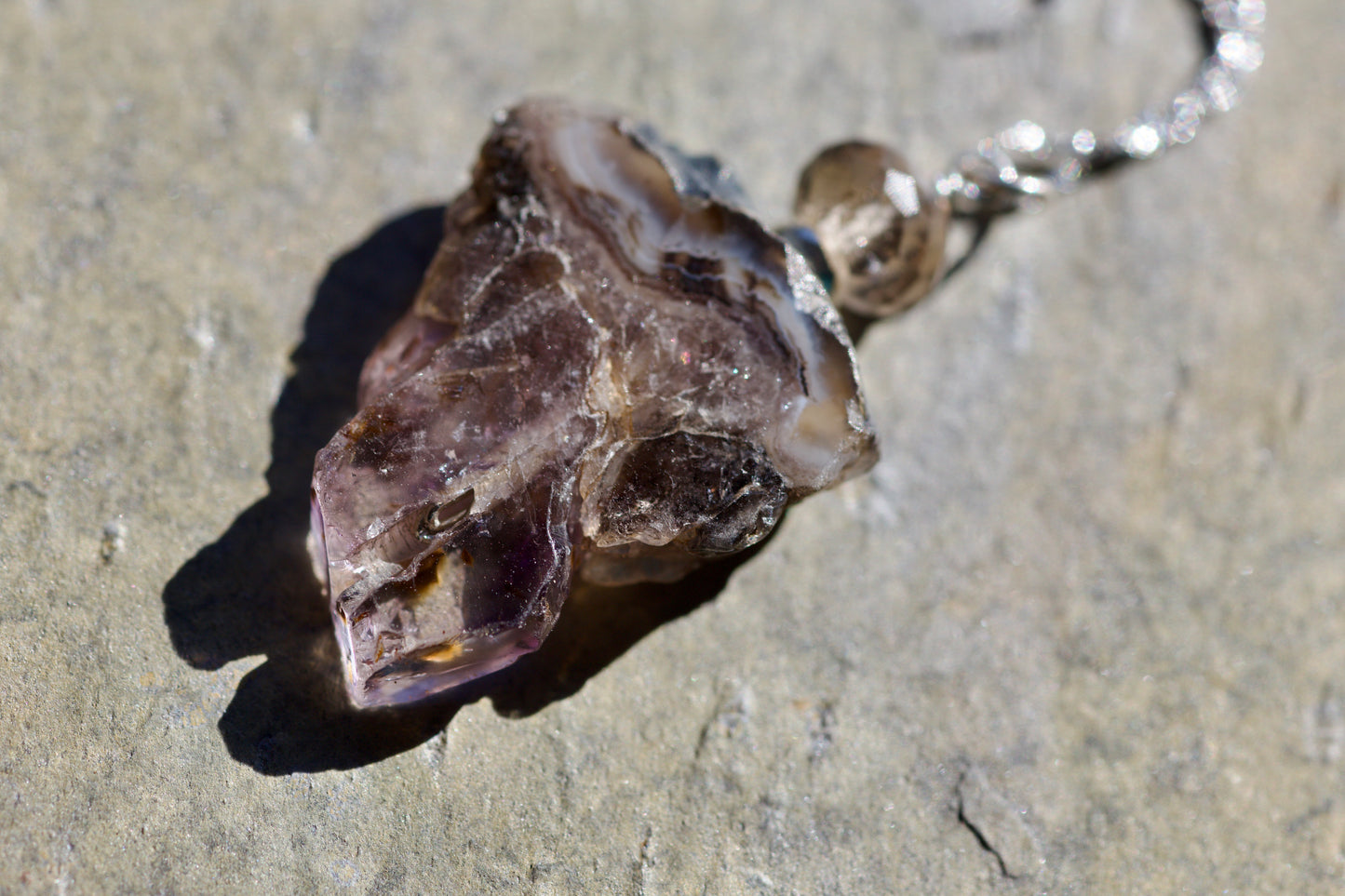 Polished Amethyst Slice, Smoky Quartz, Thai and Sterling Silver Pendant Necklace