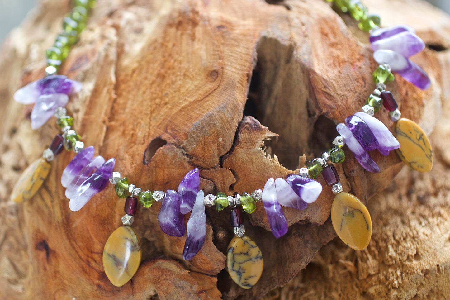 Amethyst, Dendritic Agate, Garnet, Peridot, Thai and Sterling Silver Necklace and Garnet, Dendritic Agate, Thai and Sterling Silver Earrings