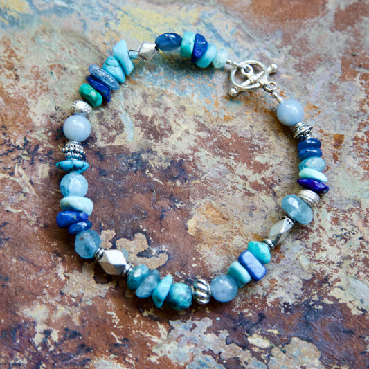 Blue Stones, Thai and Sterling Silver Bracelet to fit an 8 inch wrist
