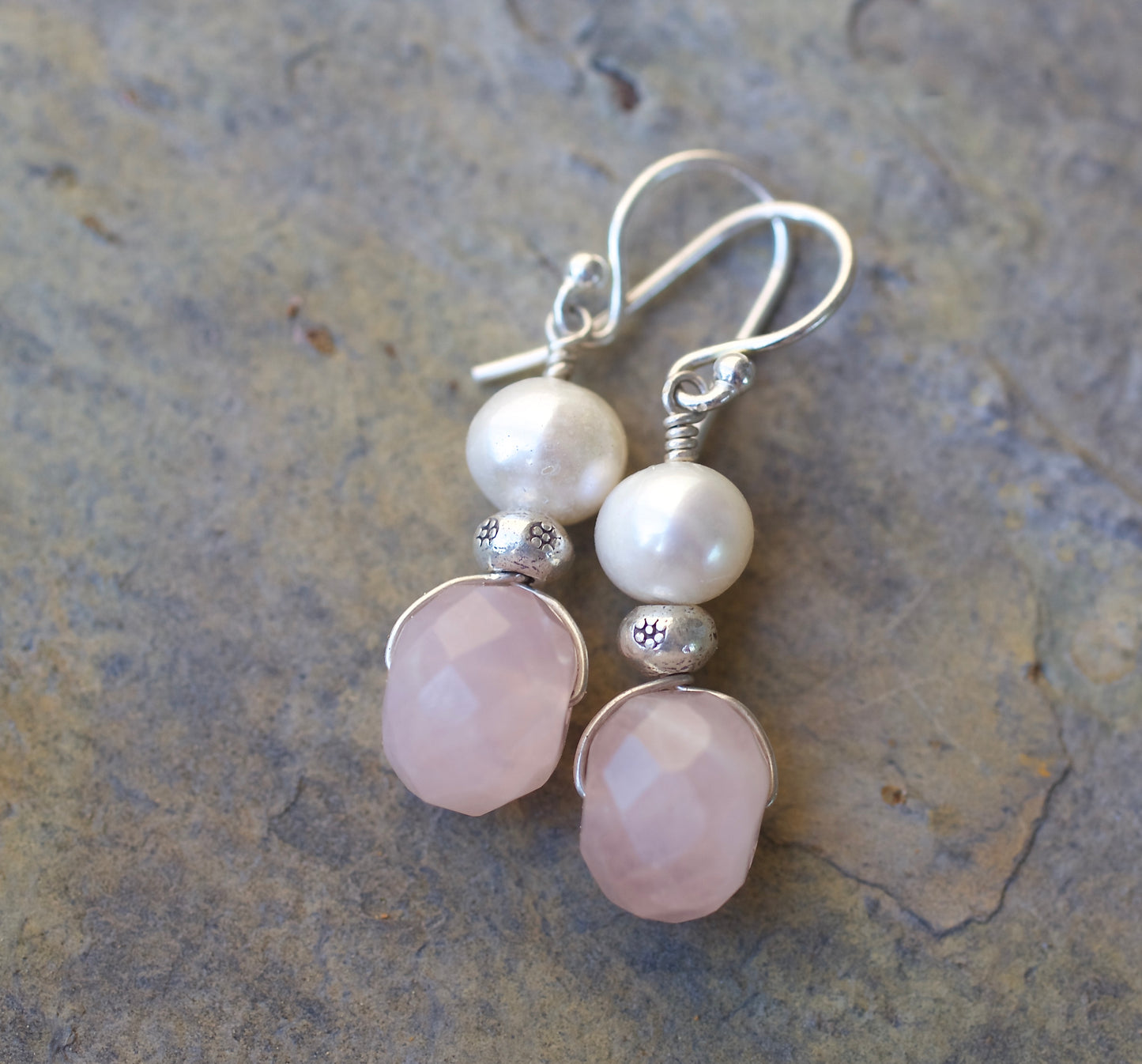 Freshwater Pearl, Rose Quartz, Thai and Sterling Silver Earrings