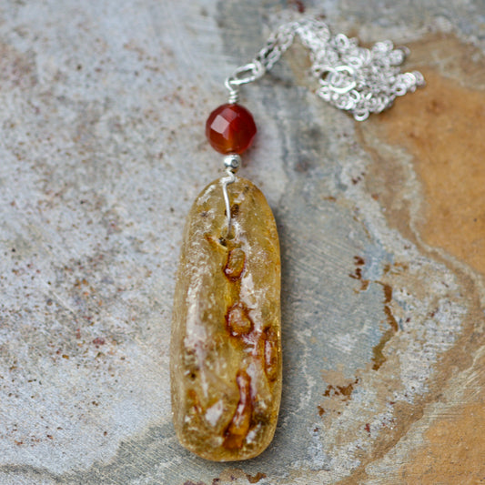 Amber, Carnelian, and Sterling Silver Pendant Necklace