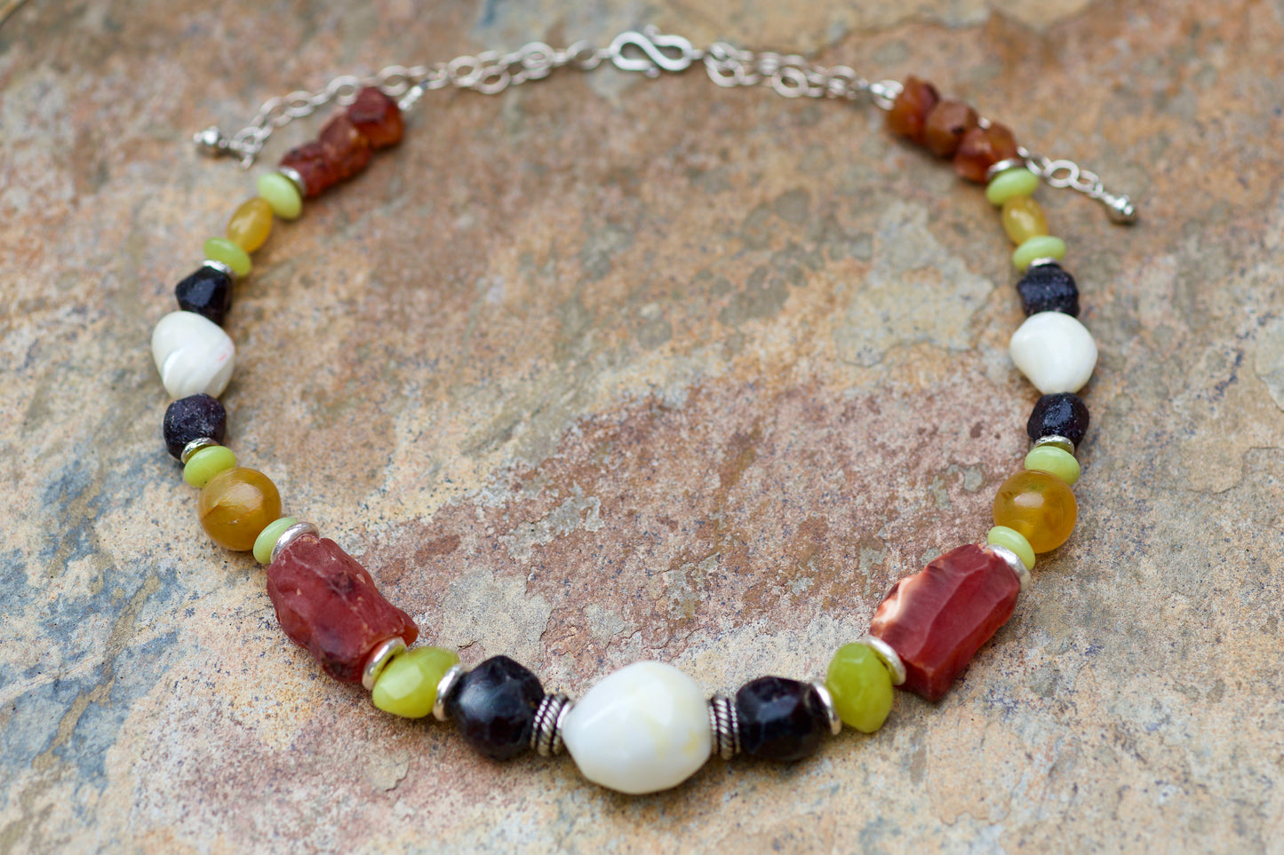 Adjustable Length Multi-stone Necklace with Raw Carnelian and Garnet, Thai and Sterling Silver